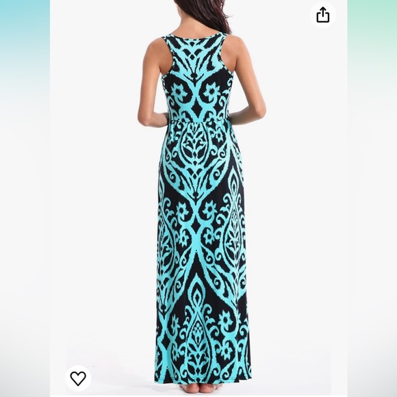 Long Black Aqua teal print Maxi dress. Go to summer comfy with pockets! - Picture 2 of 7